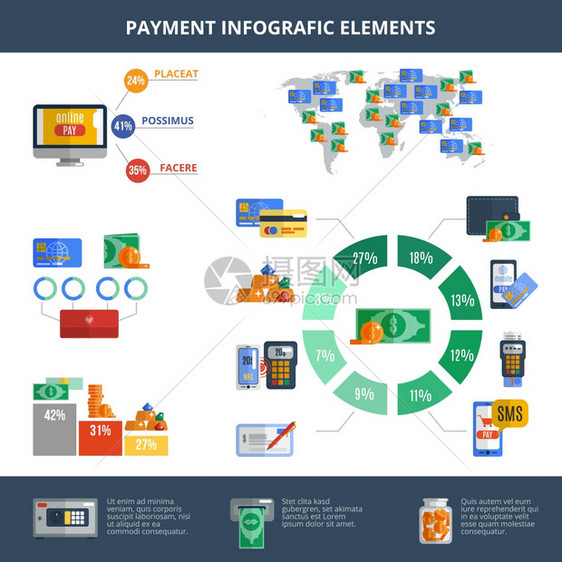 支付信息图表集金融银行商业财富元素图表矢量插图图片