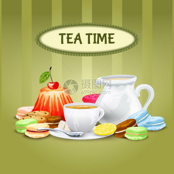 茶时间海报与甜食饼干,通心粉杯碟锅矢量插图图片