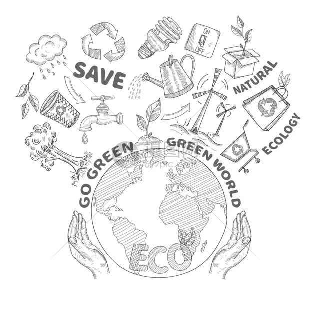 双手握住保护地球环境保护生态涂鸦矢量插图