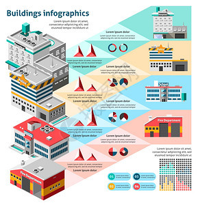 建筑信息图表等距医院消防站学校矢量插图图片