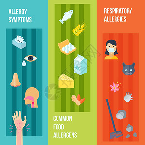 过敏平垂直横幅呼吸道症状,食物过敏原元素分离矢量插图背景图片