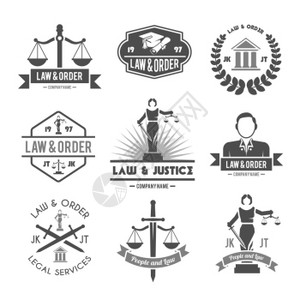 法律秩序与预防犯罪女士司法符号收集黑色标签象形文字孤立矢量插图图片