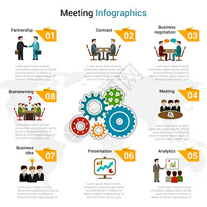 会议信息图表与伙伴关系合同商务谈判头脑风暴符号矢量插图图片