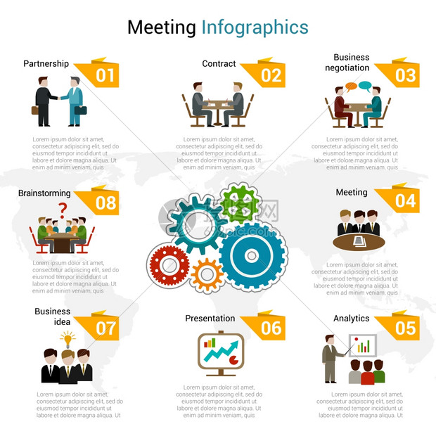 会议信息图表与伙伴关系合同商务谈判头脑风暴符号矢量插图图片