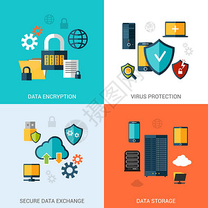 数据保护集与加密安全存储平图标隔离矢量插图图片