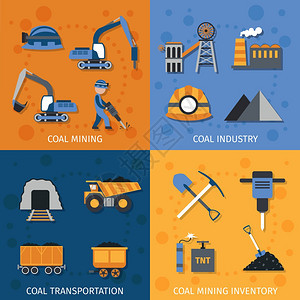 煤炭工业集与采矿运输库存平图标孤立矢量插图图片