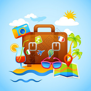 度假旅游与手提箱旅游娱乐活动图标矢量插图图片