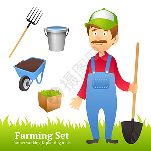 农夫化身与农业工作种植工具矢量插图图片