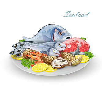 海鲜盘子与美味美食鱼餐厅产品成矢量插图图片