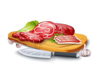 肉牛排切碎培根木板上用菜刀大蒜矢量插图背景图片