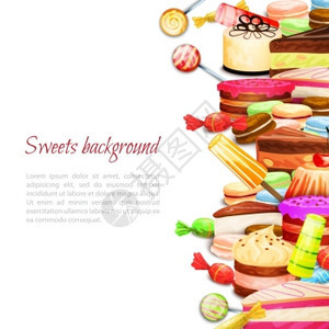 甜食背景与分层蛋糕冰淇淋,通心粉饼干矢量插图图片