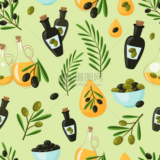 天然橄榄无缝图案与油滴瓶树枝矢量插图图片