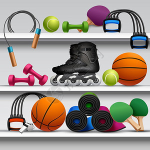 体育商店货架与健身设备球球拍矢量插图图片