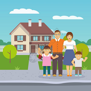 幸福的家庭与父母男孩女孩房子前的平矢量插图图片