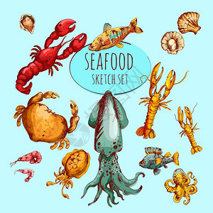 海鲜新鲜美食小品彩色装饰图标孤立矢量插图图片