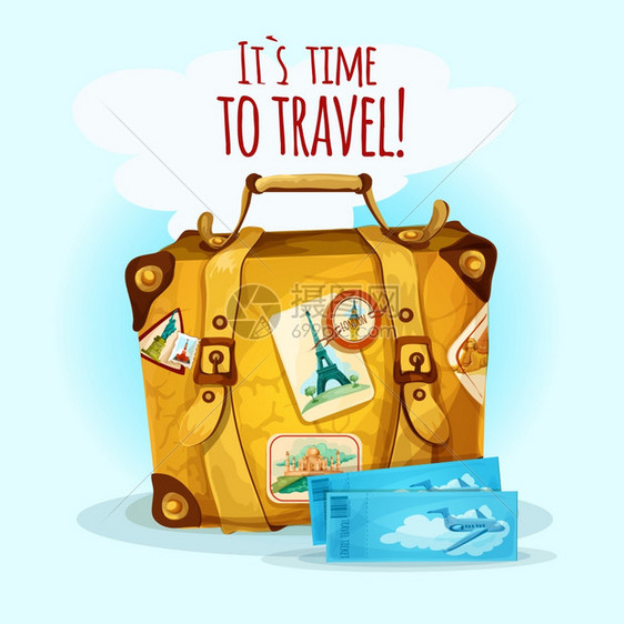 旅行与手提箱行李旅游贴纸矢量插图图片