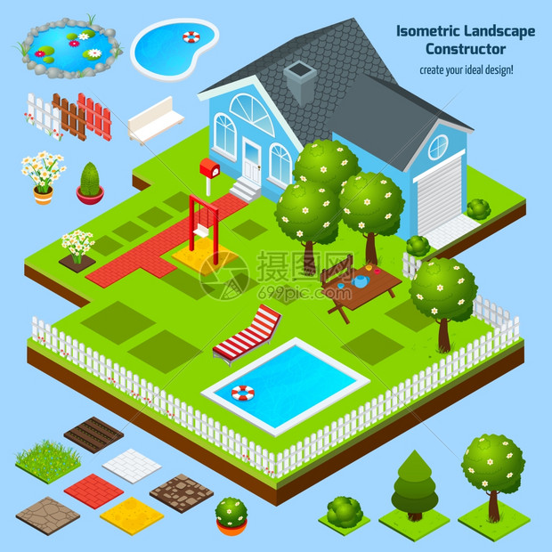 景观等距构造器与住宅花园草坪建筑元素矢量插图图片