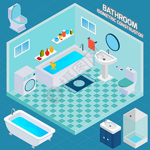 等距浴室厕所公寓内部与三维设施装饰元素矢量插图图片