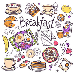 早餐装饰草图图标煎鸡蛋烤谷类食品橙汁分离矢量插图图片