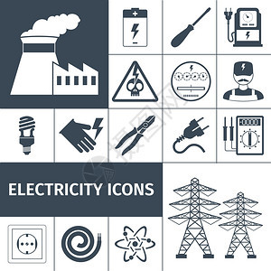 电力图标黑色与发电厂电池螺丝刀万用表隔离矢量插图图片