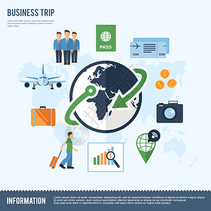 商务队环球旅行航登机牌平图标成与无线互联网连接符号背景图片