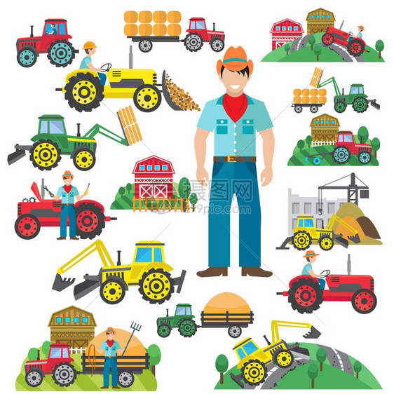农用拖拉机工业挖掘机司机图标平孤立矢量插图图片