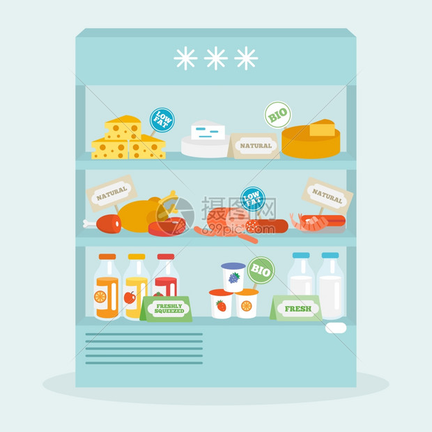 冰箱中的食物收集与肉类奶酪饮料平矢量插图冰箱里的食物图片