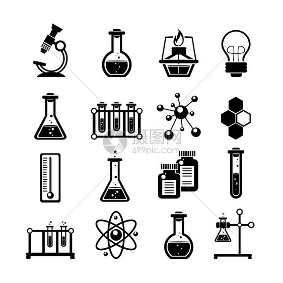 化学科研图标收集与分子原子结构符号试管黑色抽象矢量插图化学图标为黑色图片