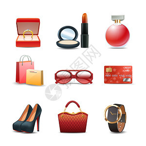 女购物现实装饰图标戒指口红香水孤立矢量插图图片