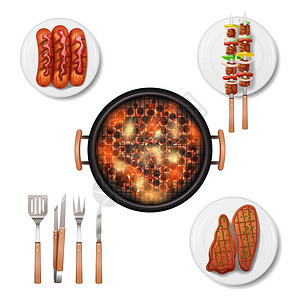 烧烤烤架装饰图标与现实的食物孤立矢量插图背景图片