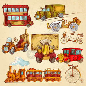老式运输蒸汽朋克历史车辆草图彩色装饰图标矢量插图老式运输草图彩色图片