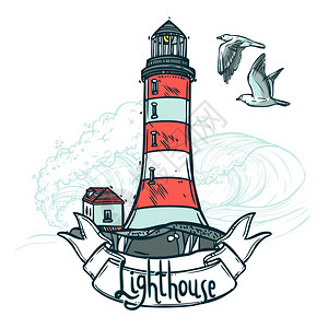 冰岛海湾灯塔素描插图与丝带海鸥海浪背景矢量插图灯塔素描插图插画