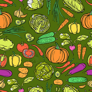 蔬菜无缝图案与素描花椰菜,芦笋,卷心菜,大蒜矢量插图蔬菜无缝图案图片