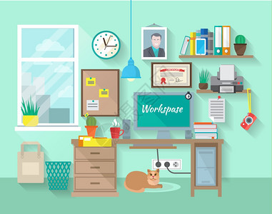 学生商人的工作场所房间与办公桌电脑书架海报矢量插图房间里的工作场所图片