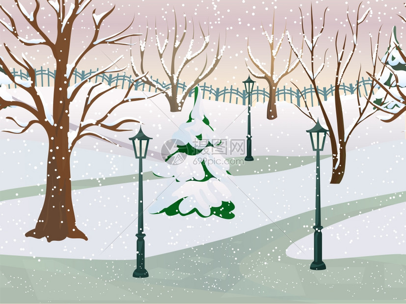 冬季公园2d游戏景观与树木覆盖雪平矢量插图冬季公园景观图片