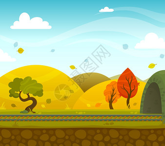 秋季铁路2d游戏景观与巷道丘陵背景平矢量插图铁路景观背景图片