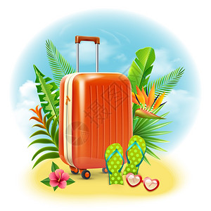 暑假海滩与旅行手提箱拖鞋眼镜矢量插图旅行手提箱图片