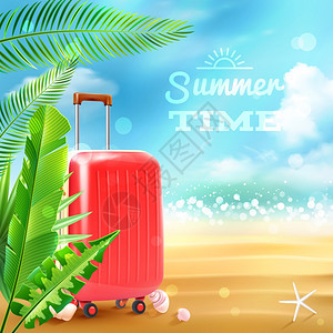 夏季海滩背景与旅行手提箱热带树叶贝壳矢量插图旅行手提箱背景图片