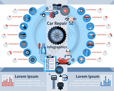 汽车维修信息集与汽车机械符号图表矢量插图汽车修理信息图集图片