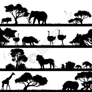 非洲景观与树木野生动物黑色剪影矢量插图非洲景观剪影图片