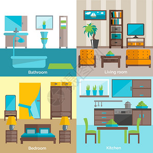 浴室客厅厨房家具的室内4平图标成抽象孤立矢量插图室内客房提供4个平图标图片