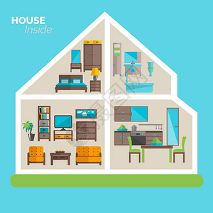 室内理念海报,用于卧室厨房家具平抽象矢量插图房子内部家具创意图标海报图片