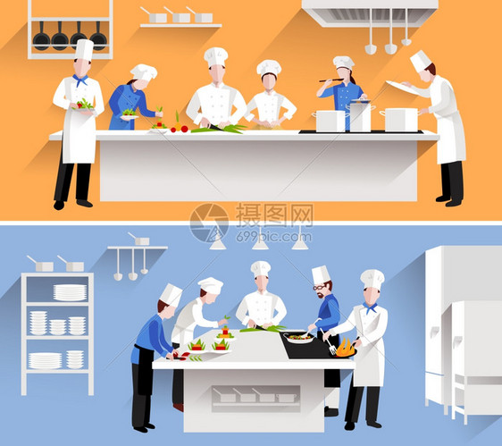 烹饪过程与厨师的数字餐桌上餐厅厨房内部矢量插图烹饪过程插图图片