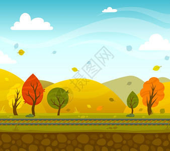 游戏2d秋季公园景观与铁路山丘的背景矢量插图游戏2d公园景观图片