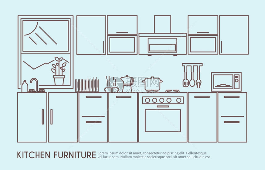 现代厨房家具室内与器皿装饰轮廓矢量插图厨房家具插图图片