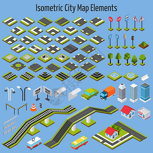 等距城市道路房屋建设要素孤立矢量图等距城市元素图片