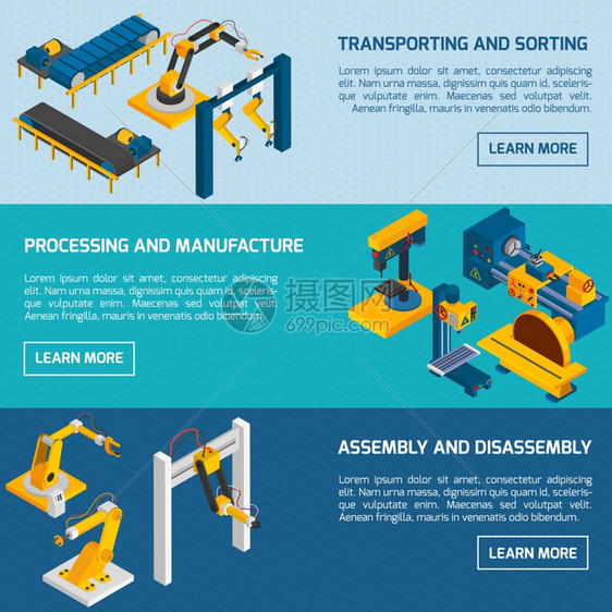 机器人手臂水平横幅等距制造过程产品运输矢量插图等距机器人横幅图片