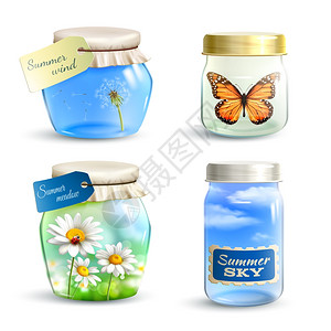 现实的璃罐夏季花卉天空蝴蝶内部矢量插图夏天的罐子图片
