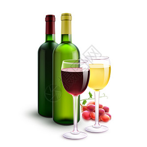红色白色写实酒瓶眼镜葡萄矢量插图红葡萄酒白葡萄酒图片