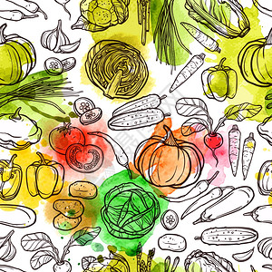 水彩蔬菜图案与素描萝卜辣椒茄子番茄矢量插图水彩蔬菜图案图片